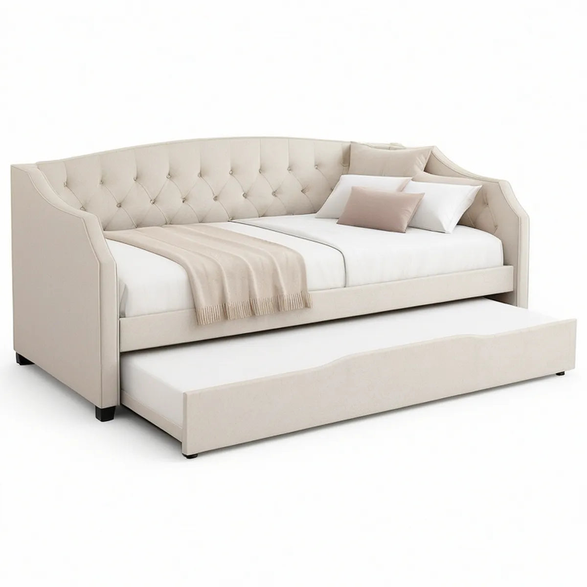 Beige polstret daybed med udtræksseng 90 x 200 cm og 90 x 190 cm