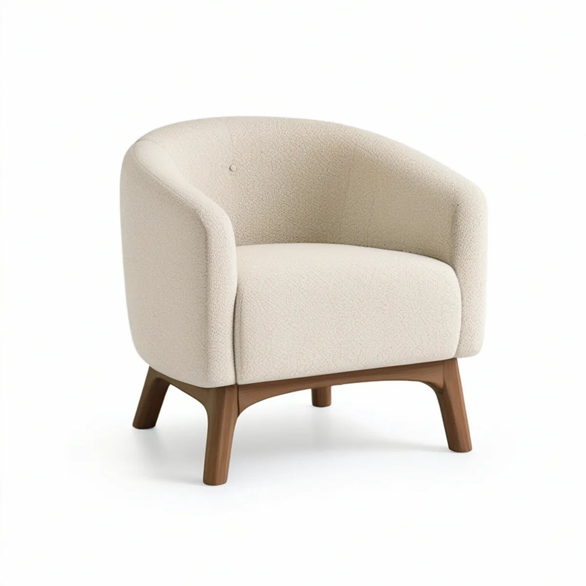 Lænestol med rund ryg i creme bouclé og massiv træramme, 76 x 75 x 78 cm