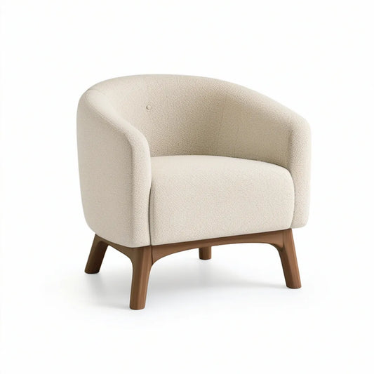 Lænestol med rund ryg i creme bouclé og massiv træramme, 76 x 75 x 78 cm