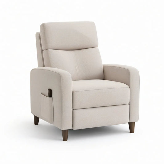 Manuel recliner i beige polyester med mørkebrune ben, 82 x 92 x 105 cm