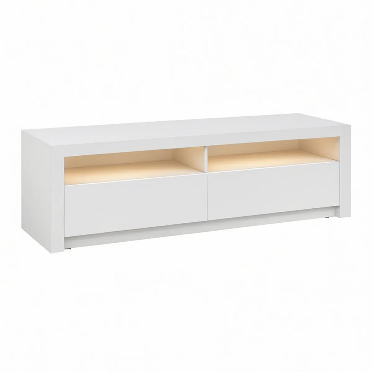 Hvidt TV-bord med 2 skuffer, 2 åbne rum og LED-belysning, 120 x 40 x 45 cm