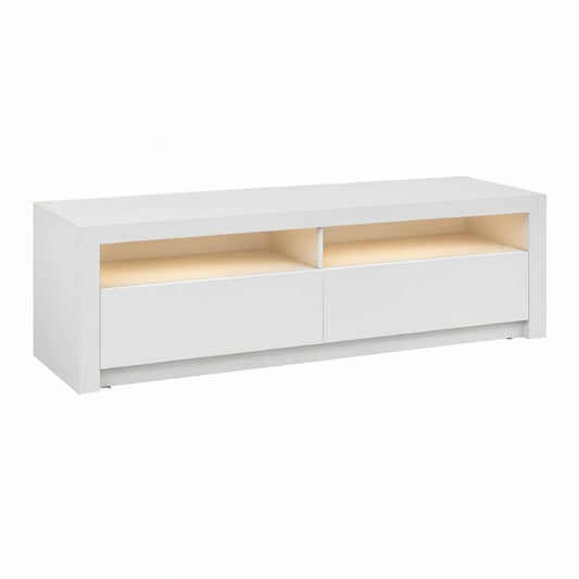 Hvidt TV-bord med 2 skuffer, 2 åbne rum og LED-belysning, 120 x 40 x 45 cm