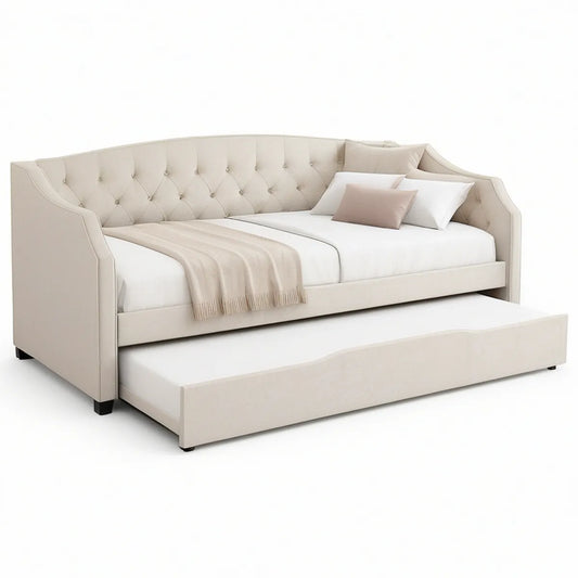 Beige polstret daybed med udtræksseng 90 x 200 cm og 90 x 190 cm
